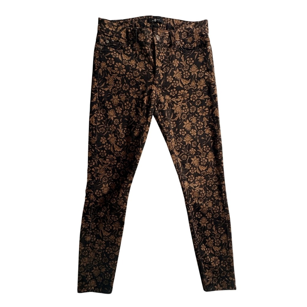 7 For All Mankind Corduroy Pants Womens 28 Brown Floral Skinny Stretch Trousers